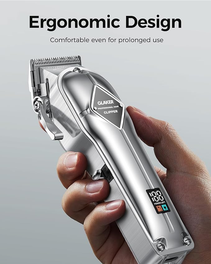 GLAKER Hair Clippers for Men Professional - Cordless Clippers and Trimmers Set, Complete Barber Kit for Hair Trimming & Beard Grooming, Mens Haircutting Kits for Blending & Fade Cuts (Silver)-DeskLoop Office