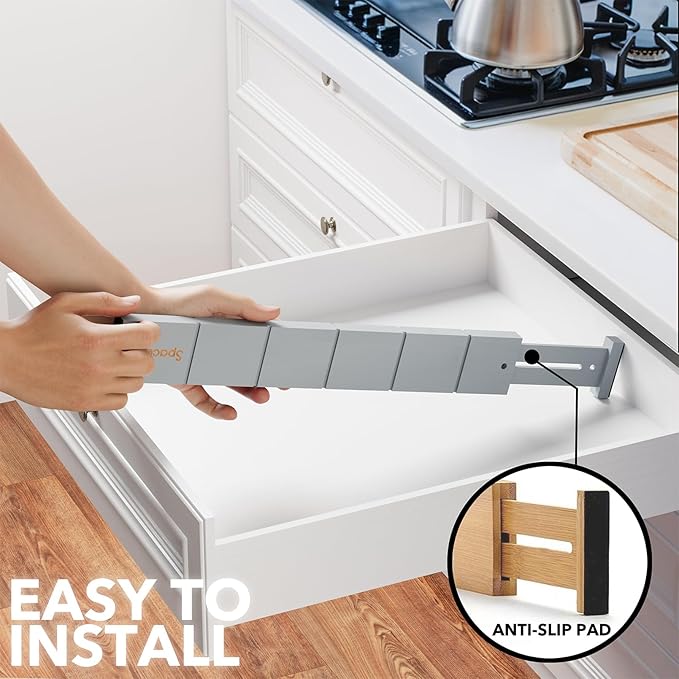 SpaceAid Bamboo Drawer Dividers with Inserts and Labels, Kitchen Adjustable Drawer Organizers, Expandable Organization for Home, Office, Dressers, 10 Dividers with 24 Inserts (17"-22" Gray)-DeskLoop Office