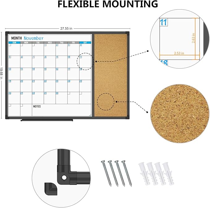 XBoard Dry Erase Calendar Whiteboard 28 X 20 - Combo White Board Calendar Monthly, Magnetic White Board + Corkboard with Black Aluminum Frame-DeskLoop Office