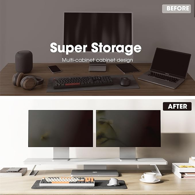 Fenge Dual Monitor Stand Riser, 42.5 Inch Desk Top Shelf for 2 Monitors, Computer Stands for Desk, Wood & Steel Desktop Riser for Laptop, PC, Printer-DeskLoop Office