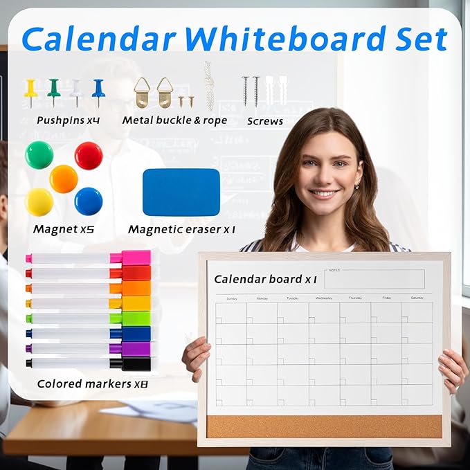 Dry Erase Calendar Whiteboard, 17" x 13" Magnetic Whiteboard Cork Board Combo, Reusable Monthly Planner with 8 Markers, Eraser, Magnets and Pushpins, Hanging Dry Erase Board for Home, School - White-DeskLoop Office