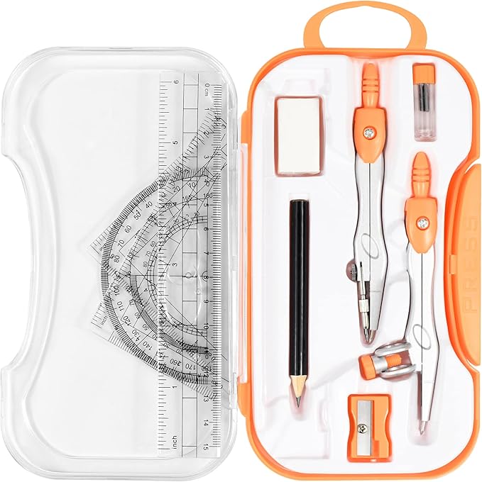 10 Pieces Math Geometry Kit Set Student Supplies with Shatterproof Storage Box,Includes Rulers,Protractor,Compass,Eraser,Pencil Sharpener,Lead Refills,Pencil,for School and Drawings(Orange)-DeskLoop Office