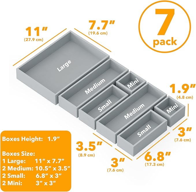 SpaceAid 7-Piece Bamboo Drawer Organizer Storage Boxes Set, Wood Tray Junk Drawer Organizers Multi-Use Divider Bins for Kitchen, Bathroom, Office Desk and Makeup Organization (7 Pack, Gray)-DeskLoop Office