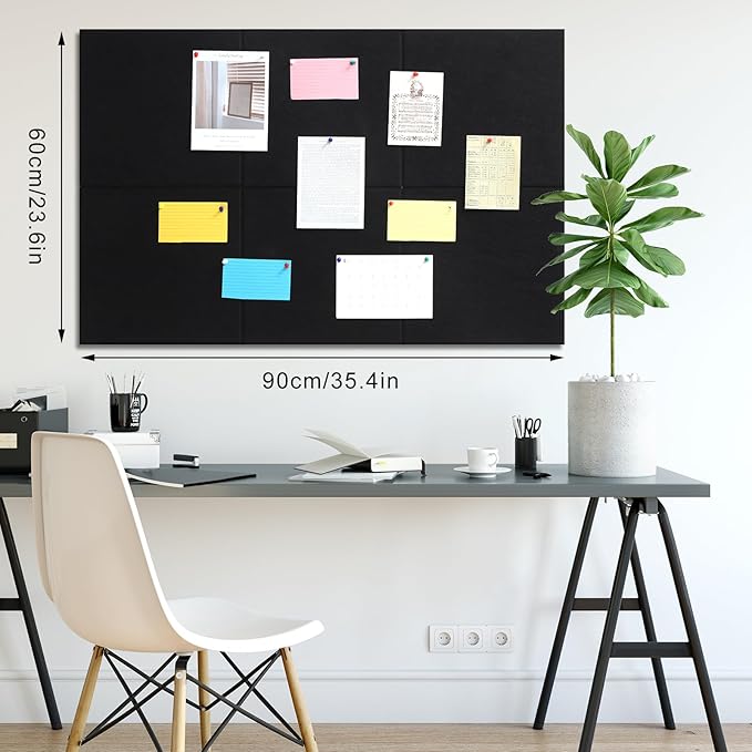Large Cork Board 36" x 24", 6 Pack Felt Wall Tiles with 30 Pcs Pushpins, Bulletin Board with Removable Self-Adhesive Strips, Pin Boards Cork Boards for Walls Office Home Classroom Decor-Black-DeskLoop Office