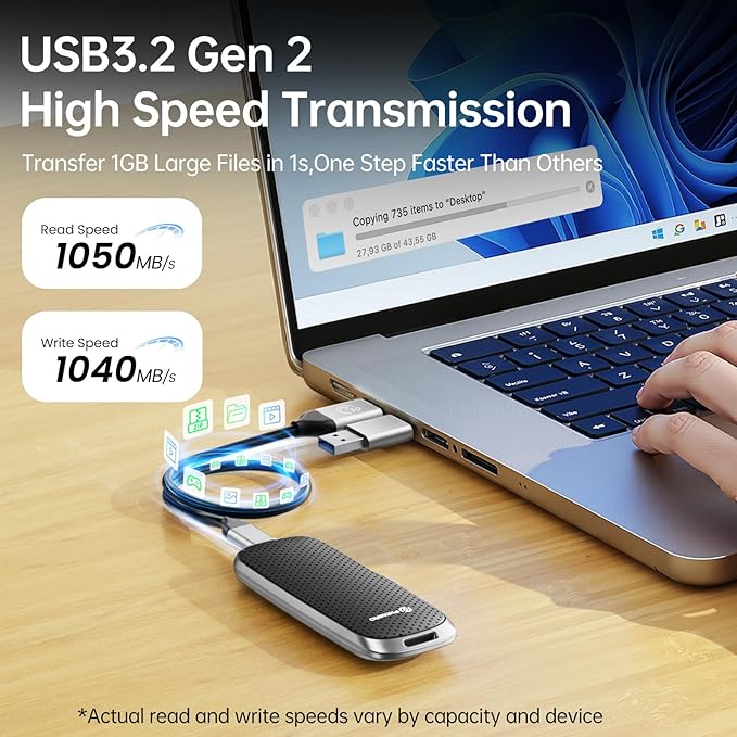 PHIXERO P10PRO External NVMe SSD 256GB, Up to 1050MB/s, USB 3.2 Gen2, Includes 2-in-1 USB C Cable, Portable Hard Drive for iPhone 15+/Android/Windows/Mac, Black-DeskLoop Office