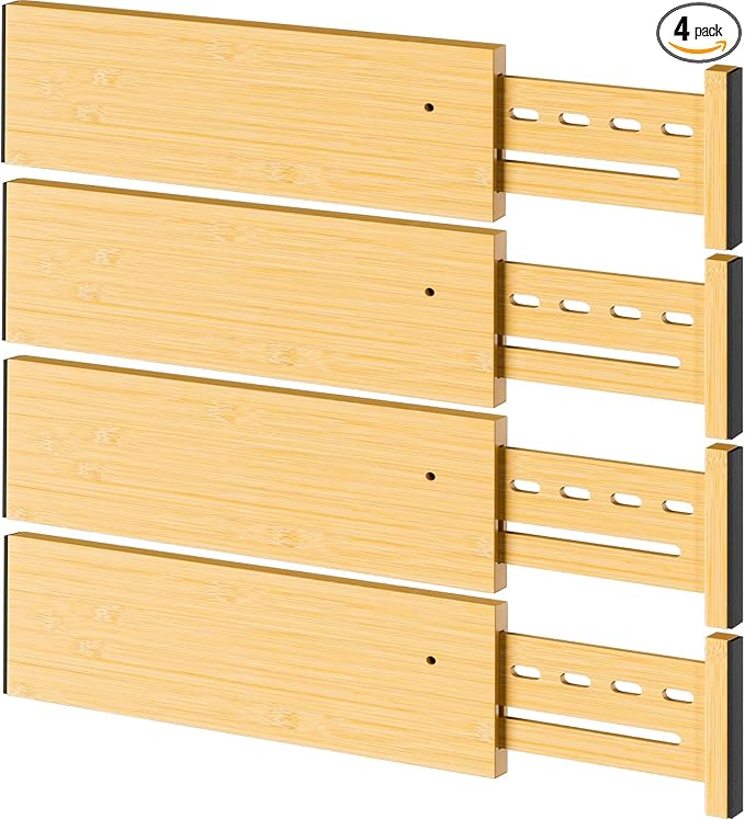 Bamboo Drawer Dividers 4" High, 12.8-18" Adjustable Drawer Organizers for Clothes,Expandable Dresser Separators in Bedroom/Kitchen/Bathroom/Office Organization and Storage,4 Pack-DeskLoop Office