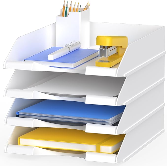 4 Pack Stackable Paper Trays for Letter Documents, Desktop File Organizers for Office Supplies, Stackable Desk Tray Holder for Paper Storage, White-DeskLoop Office