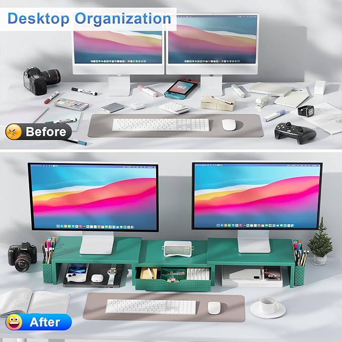 gianotter Dual Monitor Stand Riser, Desk Organizer With Drawer and 2 Pen Holders, Monitor Stand for Desk, Office Decor Essentials (Green)-DeskLoop Office