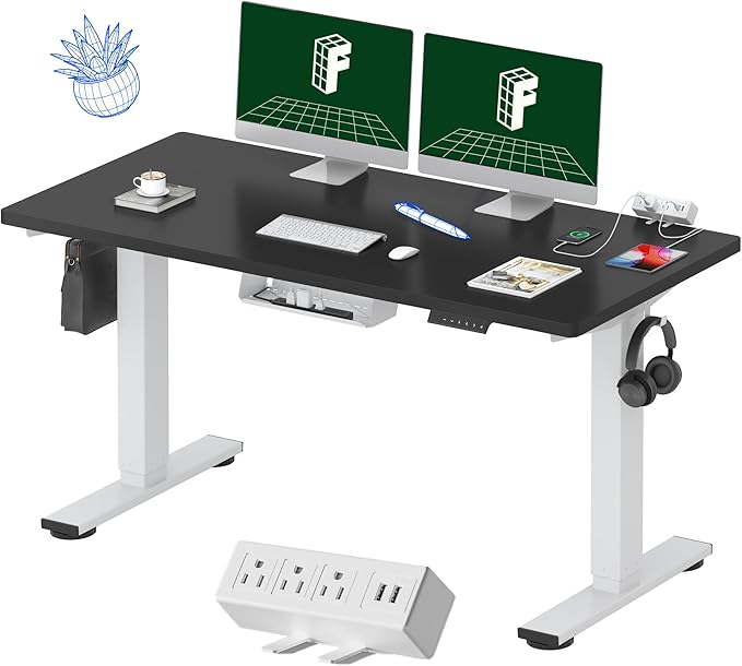 FLEXISPOT EN2 Whole-Piece Standing Desk with Clamp Power Strip, 55 x 28 Electric Stand Up Height Adjustable Desk with Cable Management (White Frame + 55" Black Desktop, 2 Packages)-DeskLoop Office