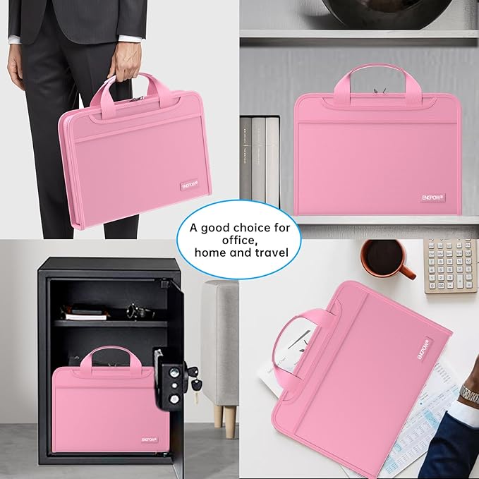 ENGPOW Accordion File Organizer,Fireproof Expanding File Folder with Multi Pockets,13 Pockets Document Organizer with Handle & Labels,Portable Home Travel Safe Storage Folder for Letter A4 Files,Pink-DeskLoop Office