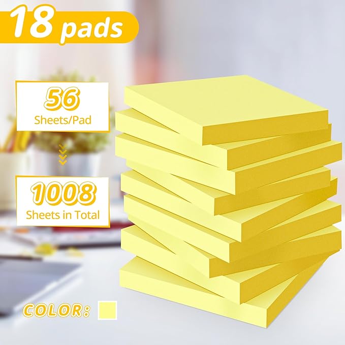 (18 Pack) Sticky Notes 3x3 in Yellow, Strong Adhesive, Clean Removal, Recyclable, Self-Stick Pads, Easy to Post for Home, Office, Notebook-DeskLoop Office