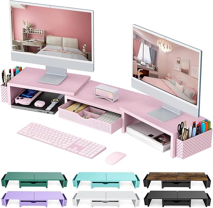 gianotter Dual Monitor Stand Riser, Desk Organizer With Drawer and 2 Pen Holders,Desk Organizers and Accessories, Pink Office Supplies (Pink)-DeskLoop Office