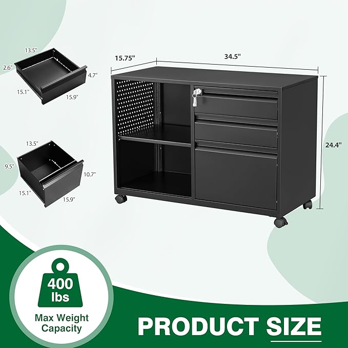 3 Drawer Metal File Cabinet with Lock,Mobile Lateral Filing Cabinet,Printer Stand Storage Cabinets with Shelves for Home Office(Black)-DeskLoop Office