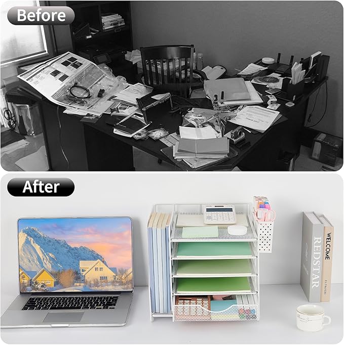 Desk Organizer with Drawer and Pen Holder, 5-Tier Paper Letter Tray Organizer with File Holder, Suitable for Workspace Organizer Office Supplies Storage (White)-DeskLoop Office