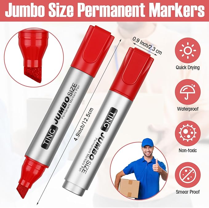 Fuutreo 32 Pcs Jumbo Permanent Markers Bulk Large Chisel Tip Permanent Markers Waterproof Jumbo Pens Quick Drying Office Teacher Supplies(Red)-DeskLoop Office