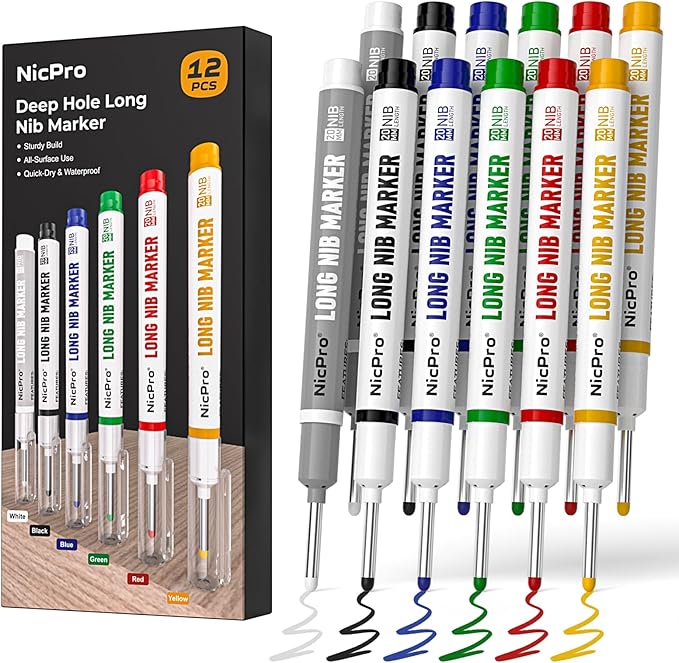 Nicpro 12 PCS Long Nib Marker Pens, 20mm Deep Hole Markers, Quick Dry & Waterproof Construction Marker, Long Head Mark Pens for Metal, Steel, Tile, Glass, Carpenter Marking Tool for Woodworking-DeskLoop Office
