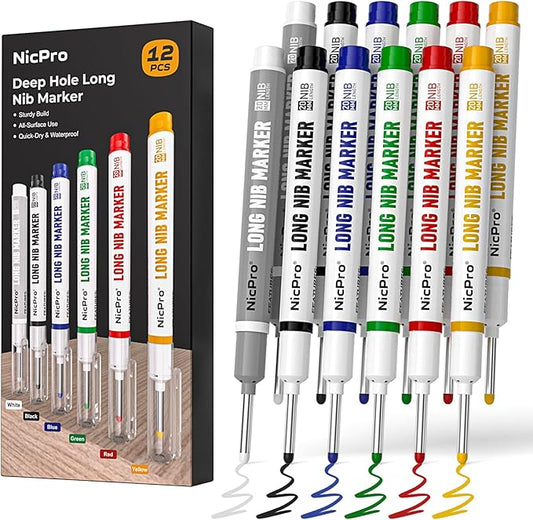 Nicpro 12 PCS Long Nib Marker Pens, 20mm Deep Hole Markers, Quick Dry & Waterproof Construction Marker, Long Head Mark Pens for Metal, Steel, Tile, Glass, Carpenter Marking Tool for Woodworking-DeskLoop Office