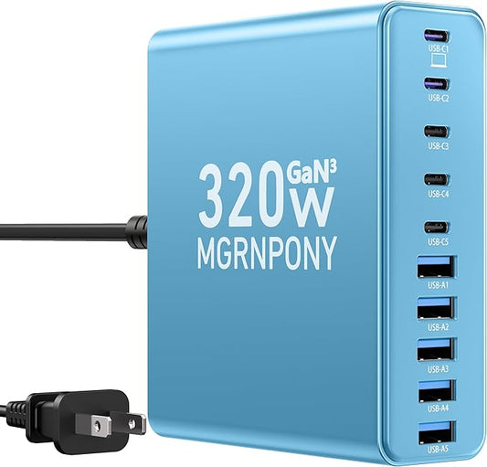 320W USB C Charger Block, 10-Port USB C Charging Station GaN III PD 65W PC Laptop Fast Charger Adapter for MacBook Pro/Air, DELL, iPad, iPhone, Samsung Galaxy (Light Blue)-DeskLoop Office