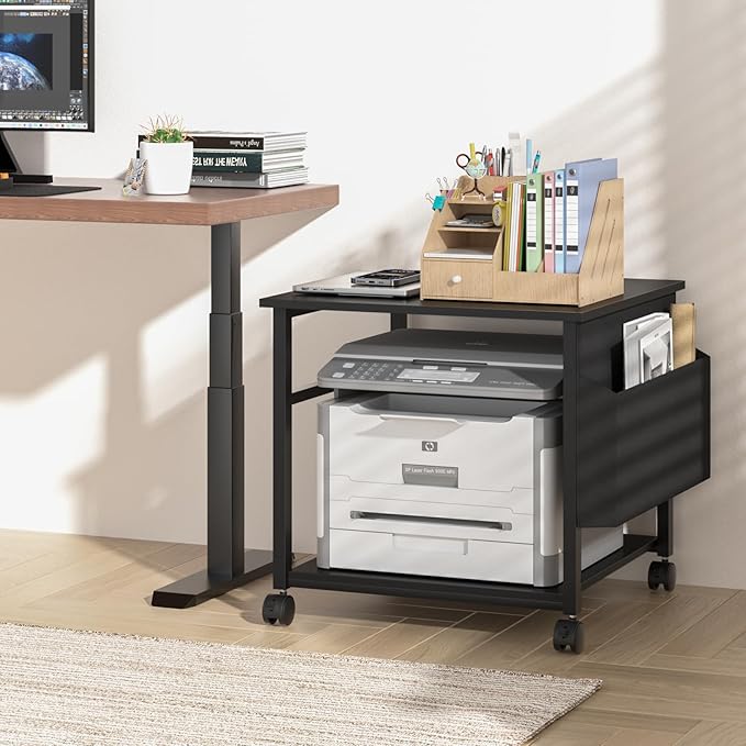 Lerliuo Large Printer Stand with Storage Shelf, 23.6 x 23.6 x 22.8 Industrial Printer Table for Home Office, Rolling Printer Cart Holder with Lockable Wheels, Mobile Mini Fridge Stand Table (Black)-DeskLoop Office