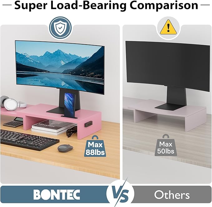 BONTEC Dual Monitor Stand Riser with Smartphone Holder, Adjustable Length & Swivel Angle, Ergonomic Wooden Desktop Organizer for PC Monitor, Laptop, Printer, Large Storage, Pink-DeskLoop Office