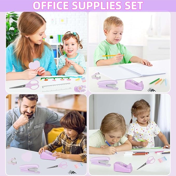 Office Supplies Set, Purple Stapler and Tape Dispenser Set with Staple Remover, Stapler and Staples Set with 1000 Staples, Clips, Tape, Scissor and Tabs, Desk Accessories for Women Student-DeskLoop Office