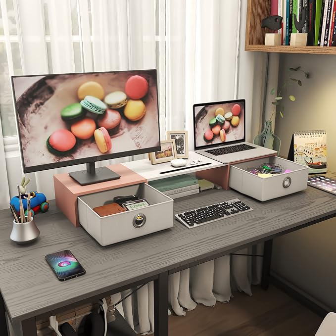 WESTREE Dual Monitor Stand Riser with Two Drawers, Extra Large Storage Monitor Stand for 2 Monitors, Desktop Oraganizer Stand for Computer,Laptop,Screen,Printer,TV-DeskLoop Office