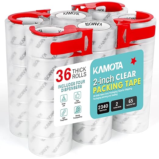KAMOTA Packing Tape, 36 Rolls Heavy Duty Clear Packaging Tape for Shipping Packaging Moving Sealing, 2 inches Wide, 65 Yards Per Roll, Total 2340 Yards with 4 Dispensers-DeskLoop Office