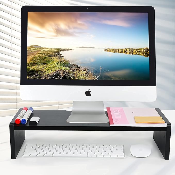 KINLINK Solid Wood Monitor Stand Riser, Monitor Riser with 2 Adjustable Height, 15.8 inch Computer Riser for Computer, iMac, PC, Printer, Computer Monitor Stand for Home & Office, Black-DeskLoop Office