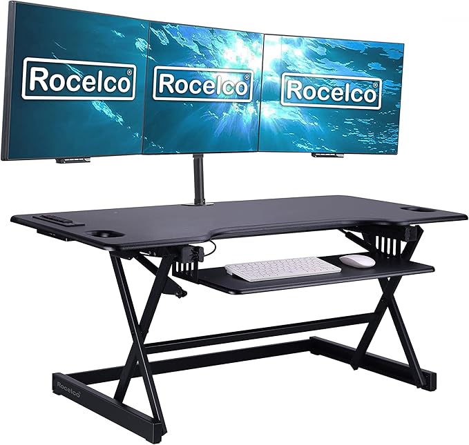 Rocelco 46" Standing Desk Converter with AC USB Charger and Triple Monitor Mount Arm - Height Adjustable Sit Stand Up Three Screen Riser Workstation - Keyboard Tray - Black (R DADRB-46-ACUSB-DM3)-DeskLoop Office