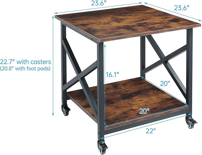 Large Printer Stand, 23.6 x 23.6 x 22.6 Inches Square Printer Table with Storage Shelf, 2 Tier Rolling Printer Cart with Industrial Wheels for Home Office - Rustic Brown-DeskLoop Office