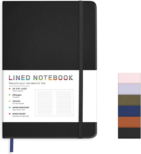 Lined Journal Notebook for Women Men, 200 Pages A5 Hardcover Leather Journals for Writing,Travel,School,Office,Work,Business,College Ruled Notebooks for Note Taking, Diary Notepad 5.7"×8.3"(Black)-DeskLoop Office