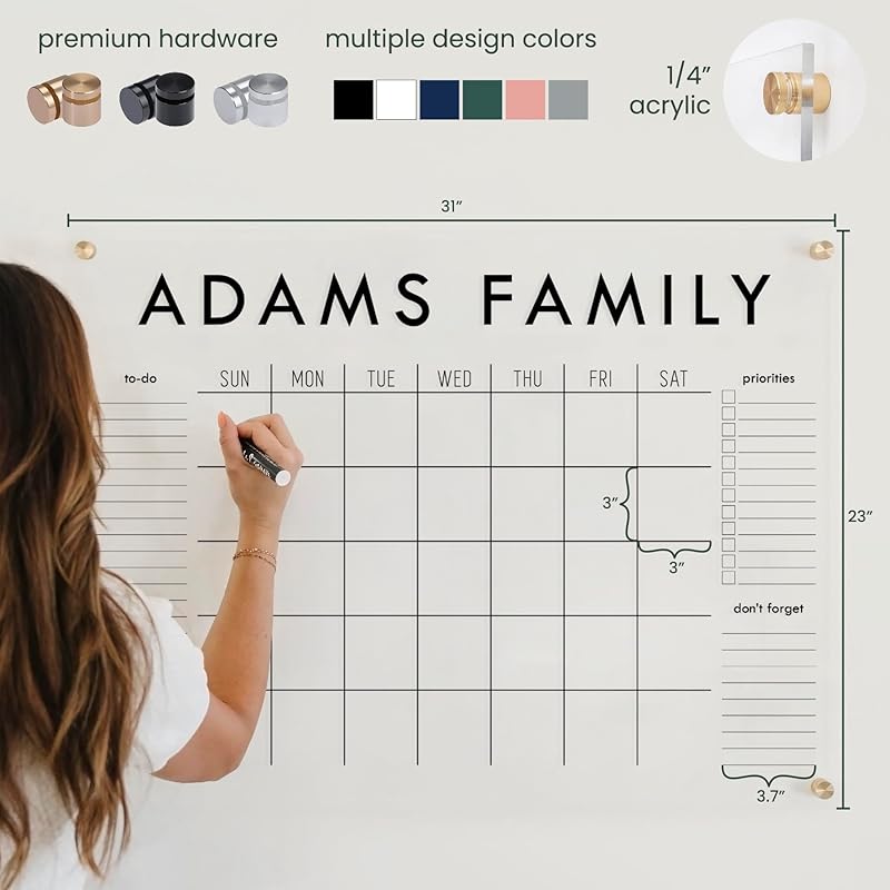 Personalized Clear Acrylic Calendar for Wall, Calendar Whiteboard for Wall, Dry Erase Wall Calendar, Wall Calendar Organizer System for Home (Block, White, 31"W x 23"H)