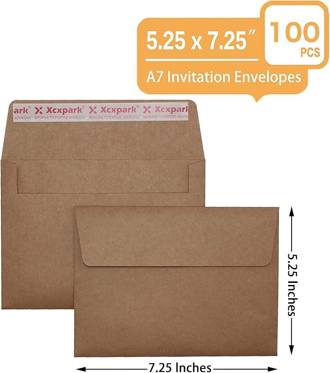 100 Qty Printable A7 Invitation Envelopes 5.25X7.25 inches Cards, Self Seal 120GSM Brown Kraft Paper Envelopes for Invitations, Papers, Photos, Documents, Wedding, Baby Shower, Easy to Seal