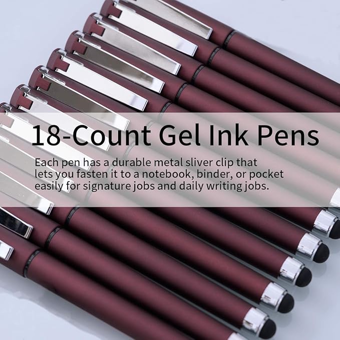 MiSiBao 0.7mm Black Ink Gel Ink Rollerball Pens 2 in 1 Medium Point Pens with Stylus Work Pen Smooth Writing for Office Black gel pen (Burgundy-18pack)-DeskLoop Office
