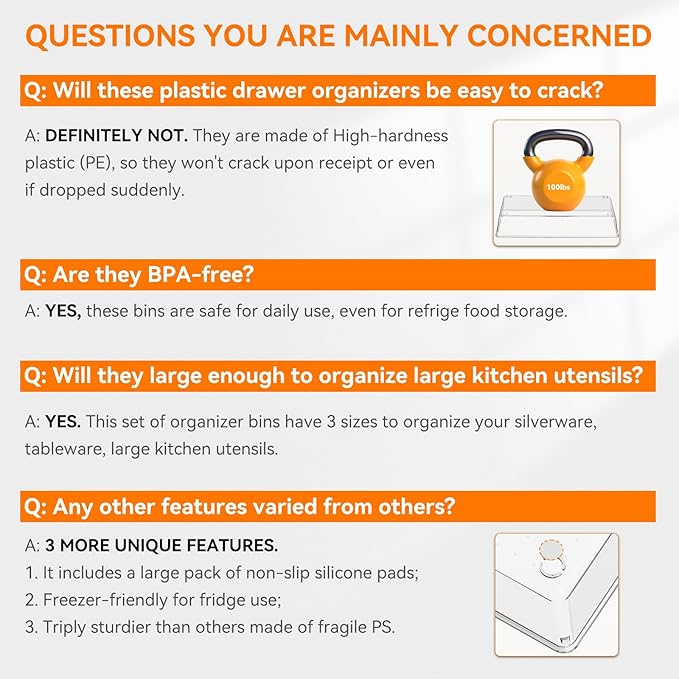 Criusia 8 Pack Drawer Organizer for Kitchen Gadgets, Large Clear Plastic Drawer Divider for Kitchen Accessories, Bathroom Organizers and Storage, Home Essentials for Makeup and Vanity Accessories-DeskLoop Office