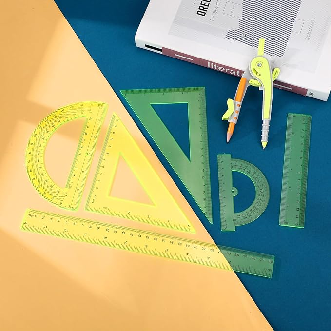 Zonon 1 Set Plastic Geometry Math Set 7 Pcs Includes 6'' / 4 '' Protractor, Drawing Compass, 45/60 Degree Triangle Rulers, 12'' / 6'' Math Ruler Transparent for Office Supplies(Yellow)-DeskLoop Office
