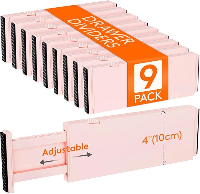 Lifewit 9 Pack Drawer Dividers 4" High, 11-17" Adjustable Drawer Organizers for Clothes, Expandable Dresser Separators in Bedroom/Bathroom/Kitchen/Fridge/Office Organization and Storage, Pink-DeskLoop Office