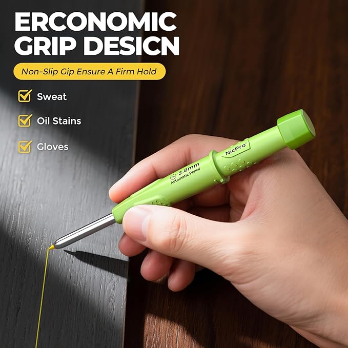 Nicpro CP3000 Carpenter Pencil with Sharpener, 2.8 mm Mechanical Pencils with 19 Refills, Deep Hole Marker for Construction, Heavy Duty Woodworking Pencil, Carpenter Tools for Architect Marking(Green)-DeskLoop Office