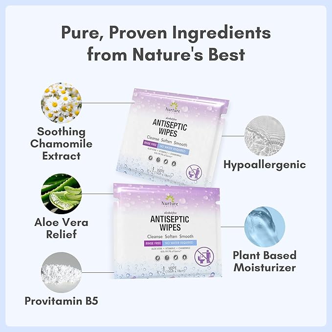XL Individually Wrapped Nurture Antibacterial Body & Hand Wipes | Alcohol-Free Antiseptic Wet Disinfecting Towelettes for Germ Removal, Sanitizing Hands |Cleaning Cloths| Adults & Baby| Thick & Strong-DeskLoop Office