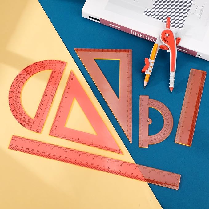Zonon 1 Set Plastic Geometry Math Set 7 Pcs Includes 6'' / 4 '' Protractor, Drawing Compass, 45/60 Degree Triangle Rulers, 12'' / 6'' Math Ruler Transparent for Office Supplies(Orange)-DeskLoop Office
