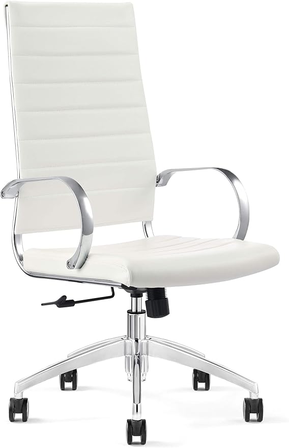 Ribbed High Back Conference Room Chairs - Lumbar Support, Modern Style Executive Home Office Chair - 360 Swivel Rolling Wheels - Aluminum Chrome Frame & Base- White Office Chair (Pack of 1)-DeskLoop Office