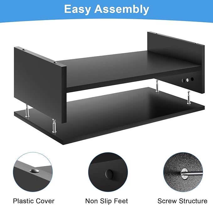 Marbrasse Monitor Stand Riser, 16.5 Inch 2 Tier Computer Printer Shelf Stand for Laptop Computer Screen Storage, Desktop Stand with Phone Holder and Cable Management Black-DeskLoop Office