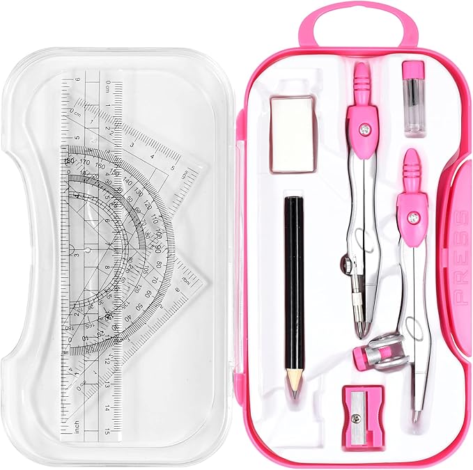 Math Geometry Kit Sets 10 Piece Student Supplies with Shatterproof Storage Box,Includes Rulers,Protractor,Compass,Eraser,Pencil Sharpener,Lead Refills,Pencil,for Drafting and Drawings(Pink)-DeskLoop Office