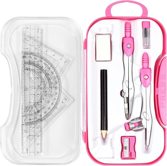 Math Geometry Kit Sets 10 Piece Student Supplies with Shatterproof Storage Box,Includes Rulers,Protractor,Compass,Eraser,Pencil Sharpener,Lead Refills,Pencil,for Drafting and Drawings(Pink)-DeskLoop Office