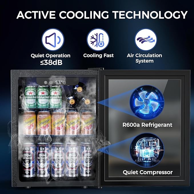 1.7 Cu.ft Beverage Refrigerator Cooler, 68 Can Mini Fridge Glass Door with Adjustable Shelves, Digital Temperature Display, Freestanding Small Drink Fridge for Home, Office or Bar(Black)-DeskLoop Office