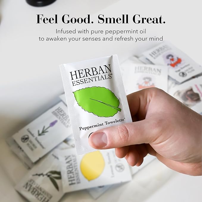 Herban Essentials - Peppermint Wipes & Towelettes - Essential Oil Wipes for Hands & Body - Travel Size Essentials and Toiletries - Natural, Individually Wrapped, Disposable & Moist Refresh (20 count)-DeskLoop Office