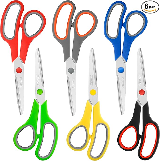 8" Scissors Bulk 6-Pack, All Purpose Scissors Stainless Steel Sharp for Office Home General Use Craft Supplies, High/Middle School Classroom Class Older Kids Scissor Set, Right/Left Handed-DeskLoop Office