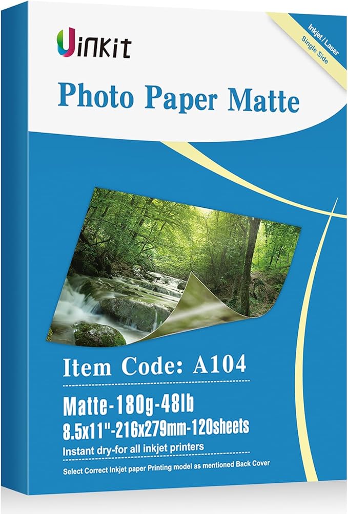 Uinkit 120 Sheets Presentation Paper Matte 8.5x11 Inkjet 48lb 180gsm Single Side Printable Photo for All Dye Ink Inkjet Printers-DeskLoop Office