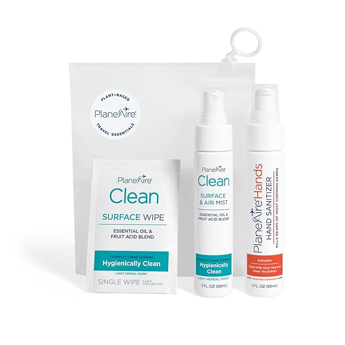 Travel Essentials | Hygiene Kit | Travel Toiletry Kit | Travel Size | Spray Hand Sanitizer Tangerine Coriander Scent | Surface Wipes | Individual Travel Wipes | Surface Cleaner | With Essential Oils-DeskLoop Office