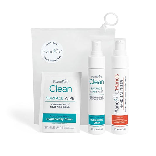 Travel Essentials | Hygiene Kit | Travel Toiletry Kit | Travel Size | Spray Hand Sanitizer Tangerine Coriander Scent | Surface Wipes | Individual Travel Wipes | Surface Cleaner | With Essential Oils-DeskLoop Office